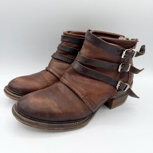 Freebird by Steven Mateo Ankle Boot Brown Leather buckle accent almond toes
